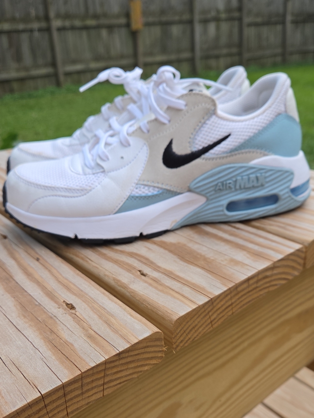 Nike White and Light Blue Air Max Sneakers with Black Swoosh